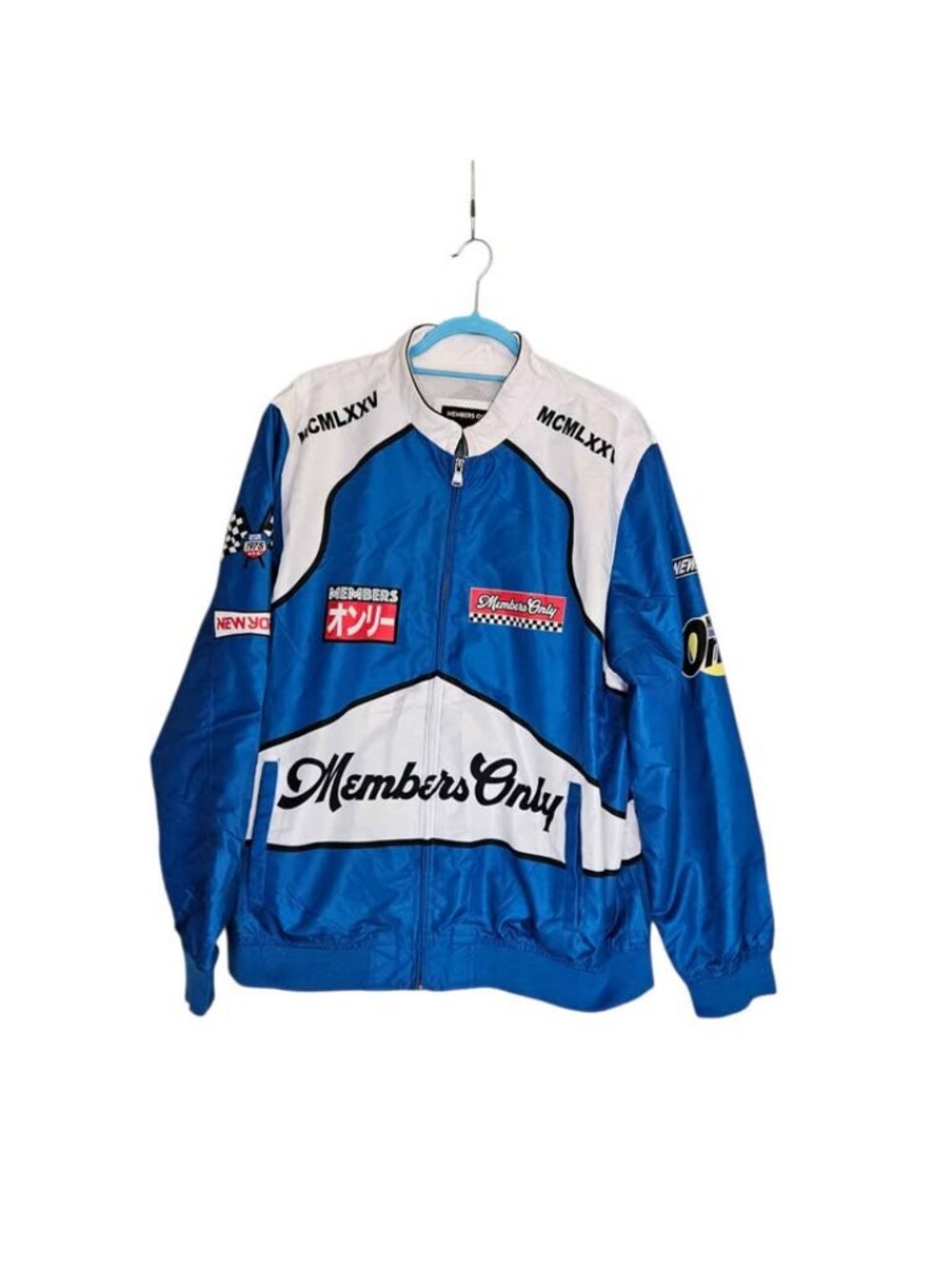 Members Only Sport Racing Jacket XL Blue White Full Zip Moto Graphic Windbreaker